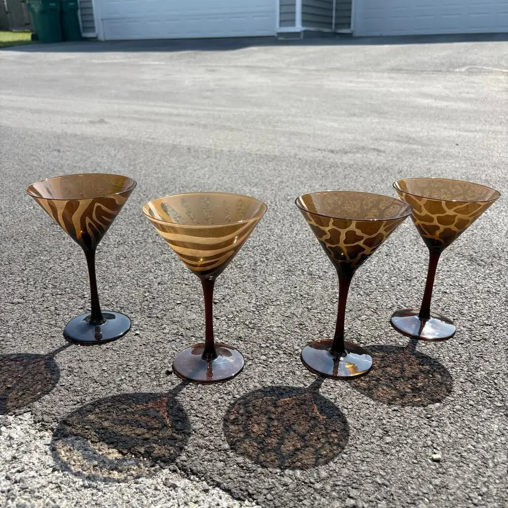 1990’s Blown Glass Brown Tortoise and Zebra Matte Vintage Martini Glasses